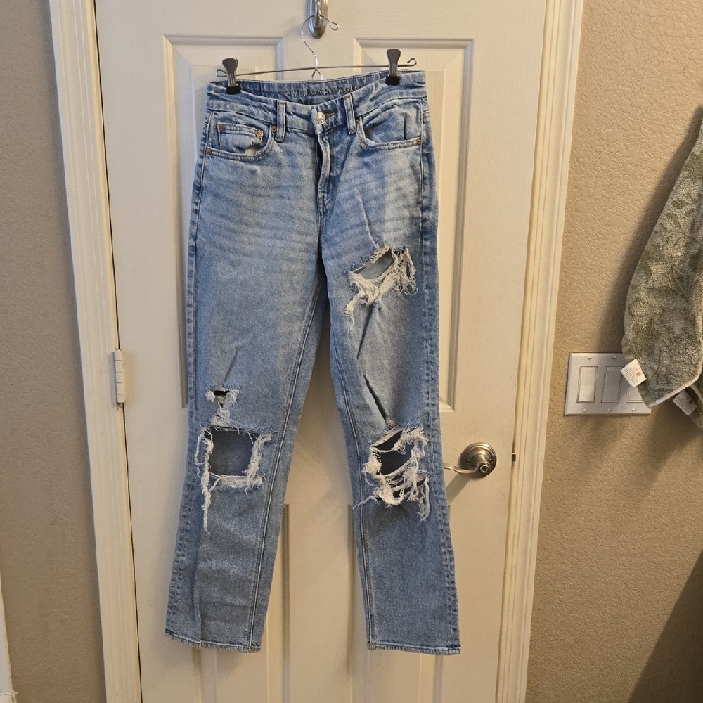 American Eagle Curvy Straight Stretch Distressed Blue Jeans Sz 2 Reg